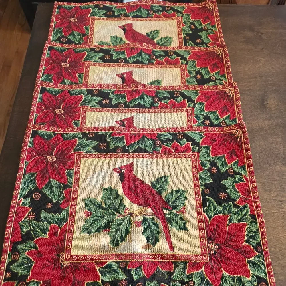 Set of 4 Christmas Cardinals Poinsettias Tapestry Placemats Holiday Table Decor